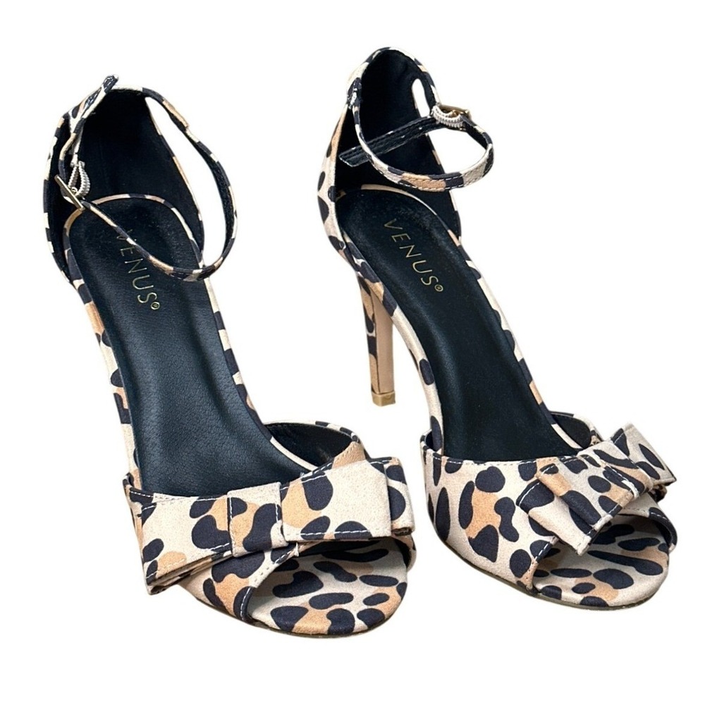 Venus Women's Leopard Print Heels Size 9 Bow Ankle Strap Sophisticated Stiletto
